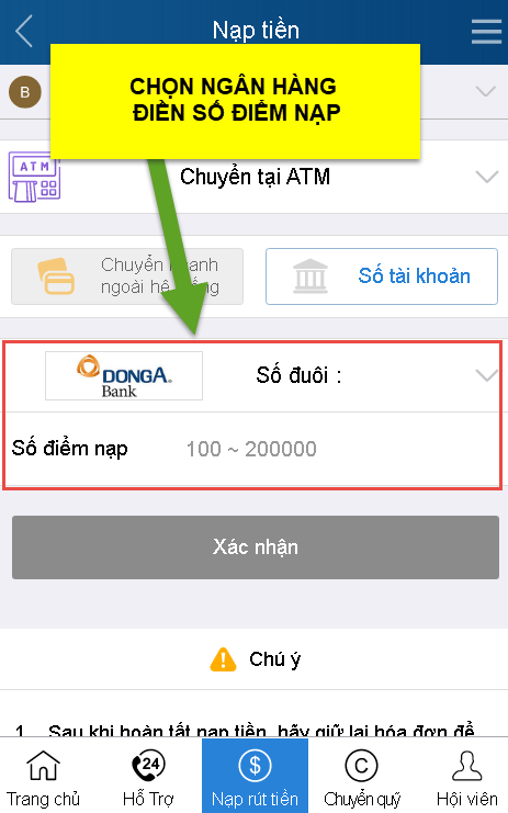 chọn ngân hàng nạp tiền